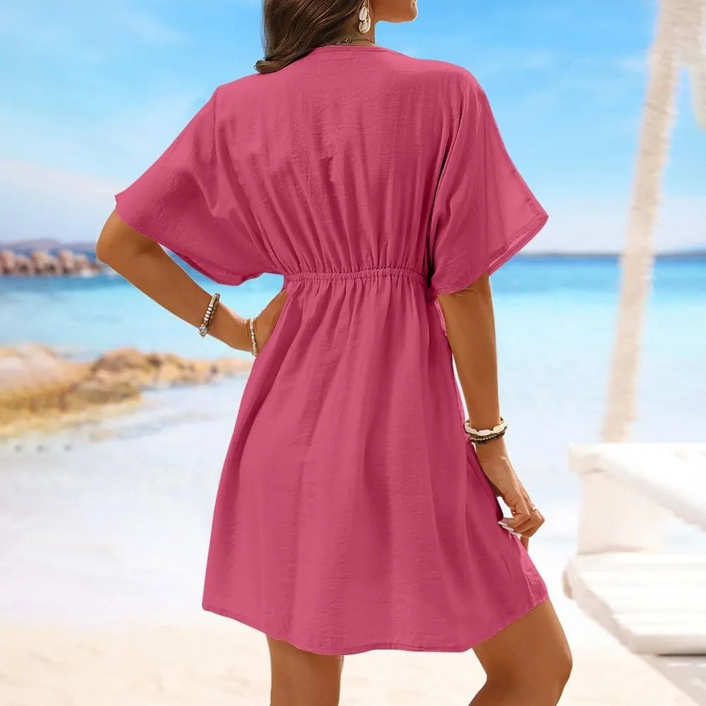Casual Spring Mini Dress for Women Lace Plunging Patchwork V Neck Long Sleeve Ruffled A Line Beach Tunic Dress