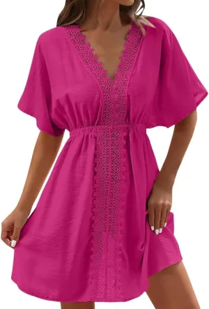 Casual Spring Mini Dress for Women Lace Plunging Patchwork V Neck Long Sleeve Ruffled A Line Beach Tunic Dress