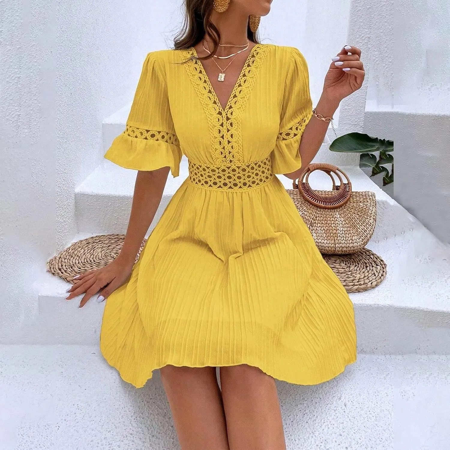 Casual Spring Mini Dress for Women Lace Plunging Patchwork V Neck Long Sleeve Ruffled A Line Beach Tunic Dress