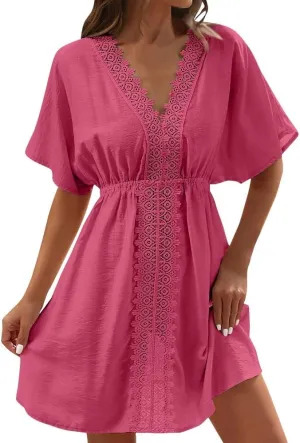 Casual Spring Mini Dress for Women Lace Plunging Patchwork V Neck Long Sleeve Ruffled A Line Beach Tunic Dress
