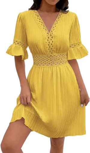 Casual Spring Mini Dress for Women Lace Plunging Patchwork V Neck Long Sleeve Ruffled A Line Beach Tunic Dress