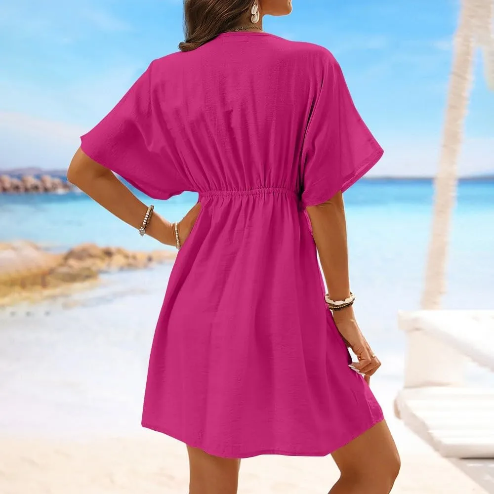 Casual Spring Mini Dress for Women Lace Plunging Patchwork V Neck Long Sleeve Ruffled A Line Beach Tunic Dress