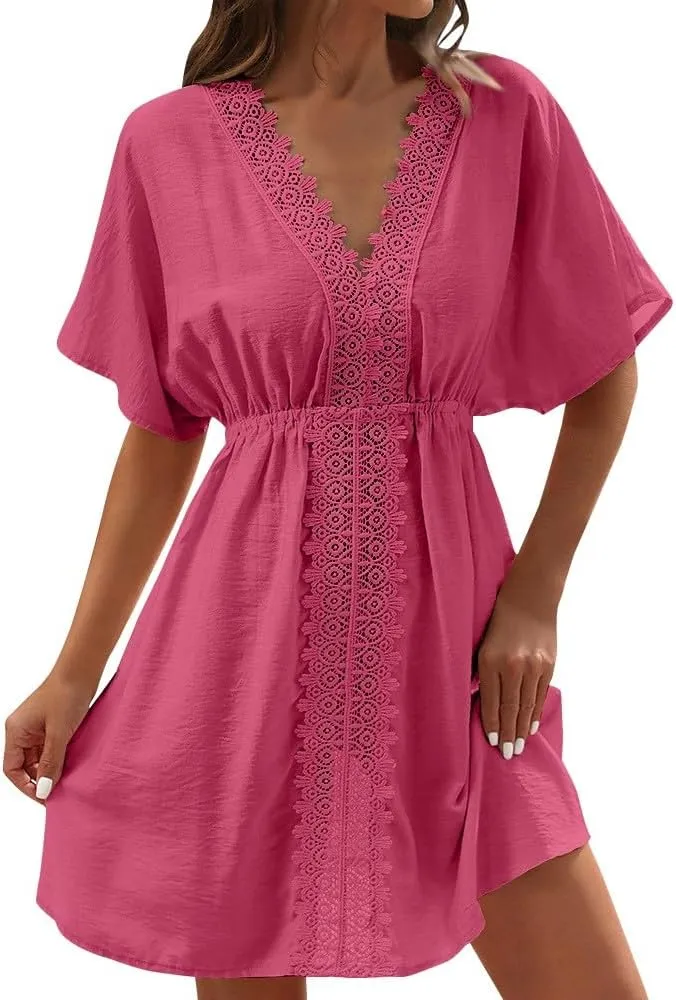 Casual Spring Mini Dress for Women Lace Plunging Patchwork V Neck Long Sleeve Ruffled A Line Beach Tunic Dress