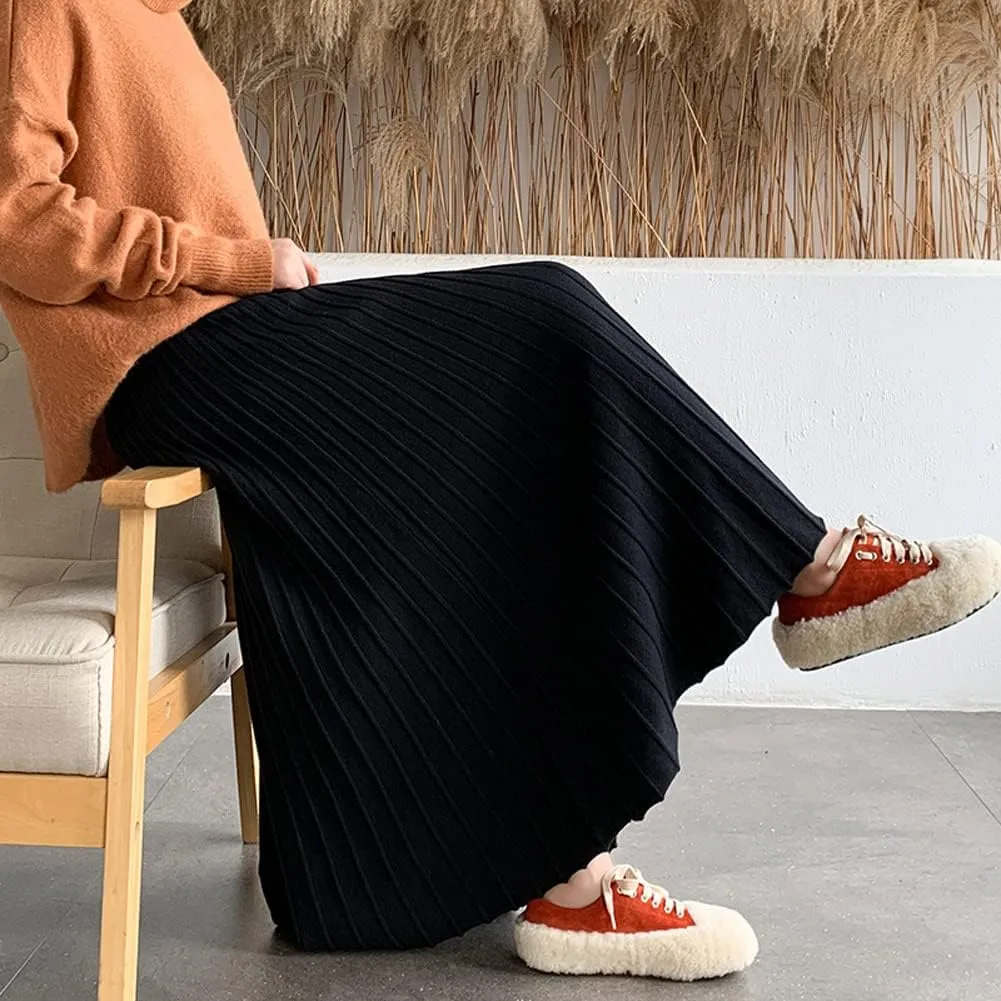 CHARTOU Women's Fall Winter High Waist Pleated A-Line Maxi Long Knit Sweater Skirt
