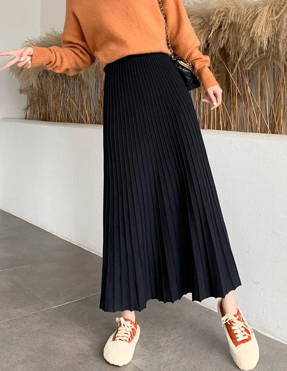 CHARTOU Women's Fall Winter High Waist Pleated A-Line Maxi Long Knit Sweater Skirt