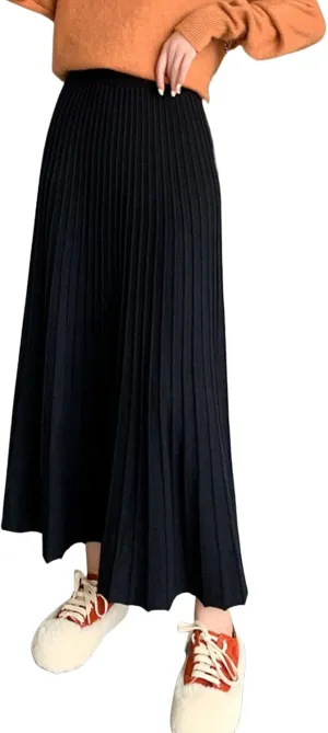 CHARTOU Women's Fall Winter High Waist Pleated A-Line Maxi Long Knit Sweater Skirt
