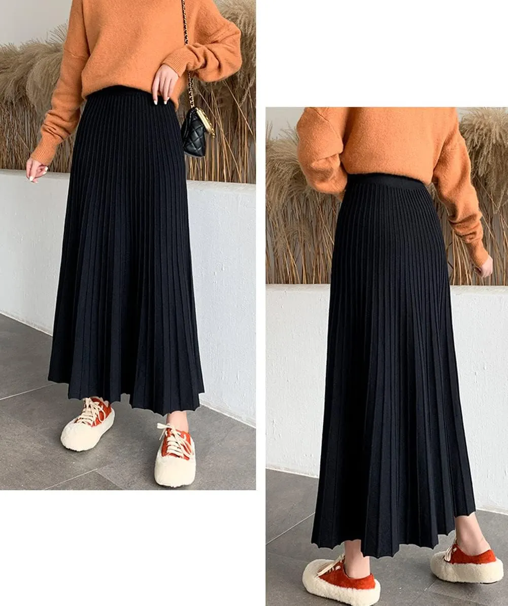 CHARTOU Women's Fall Winter High Waist Pleated A-Line Maxi Long Knit Sweater Skirt