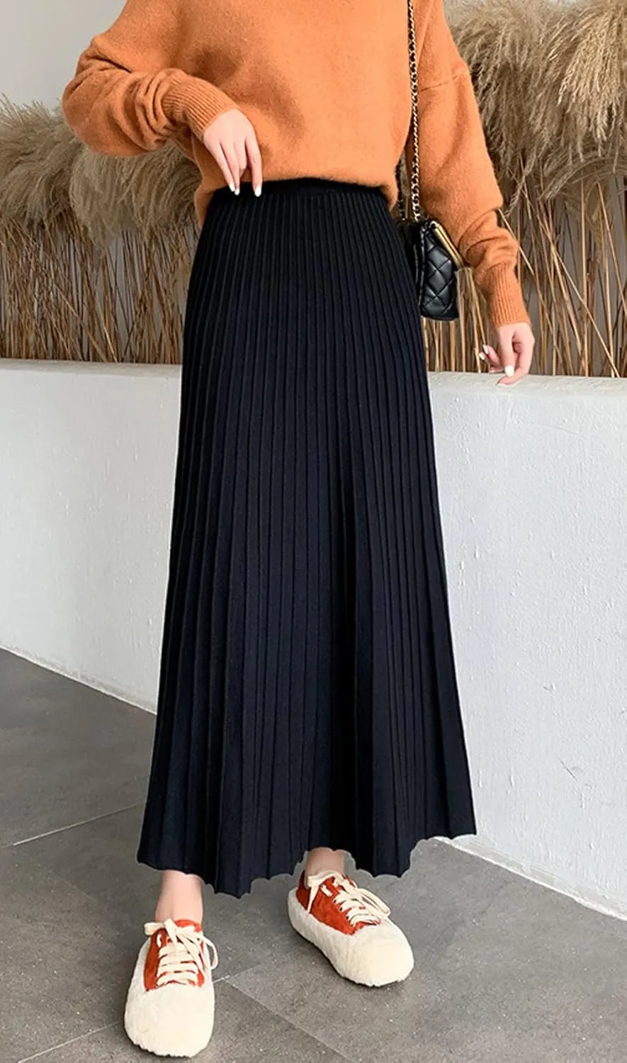 CHARTOU Women's Fall Winter High Waist Pleated A-Line Maxi Long Knit Sweater Skirt