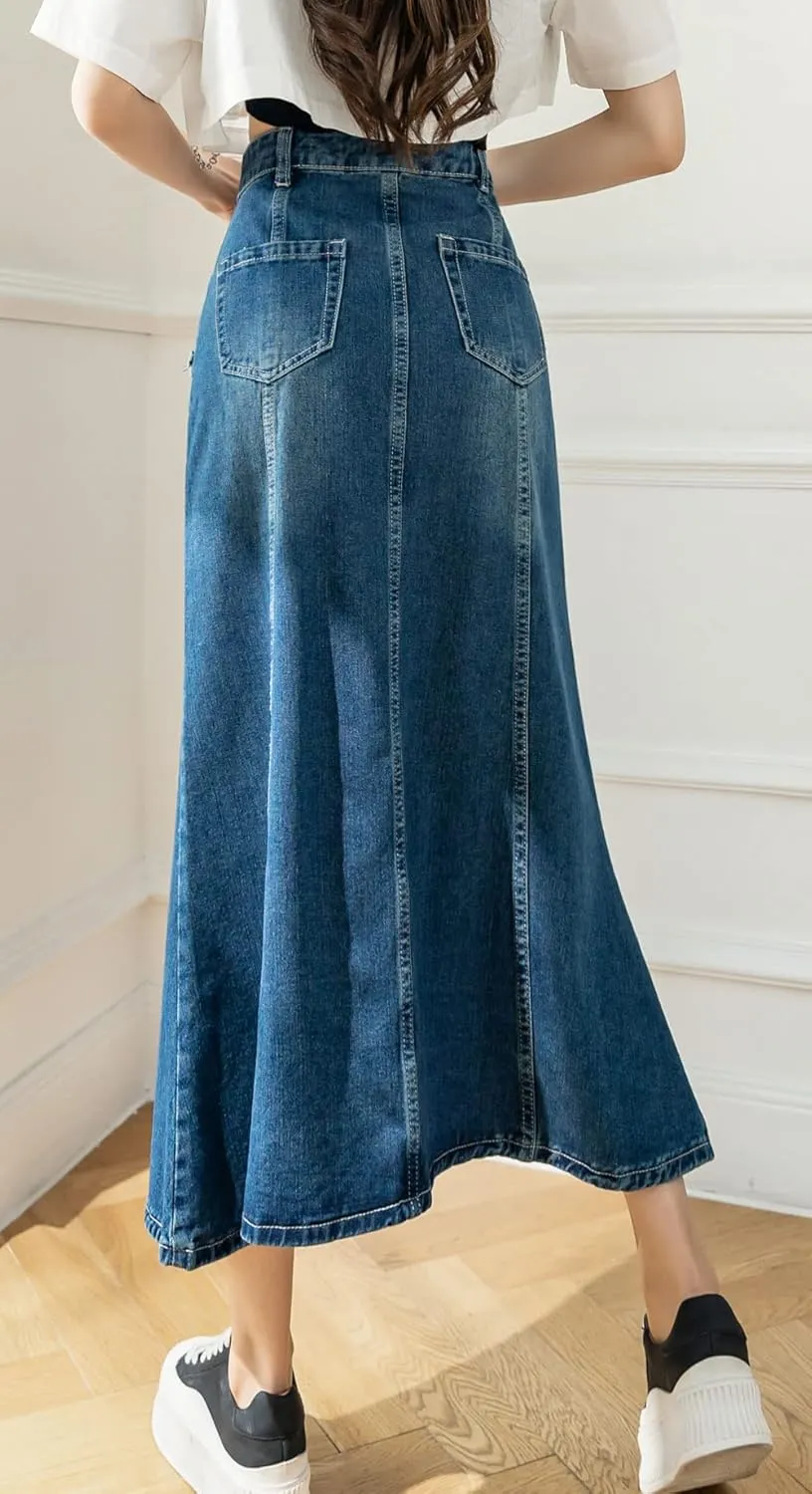 CHARTOU Women's Retro High Waist Long Denim A Line Maxi Skirt with Pockets