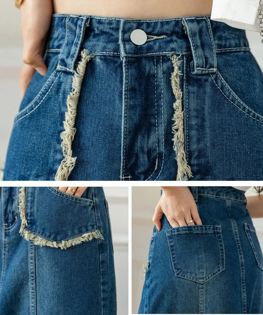 CHARTOU Women's Retro High Waist Long Denim A Line Maxi Skirt with Pockets