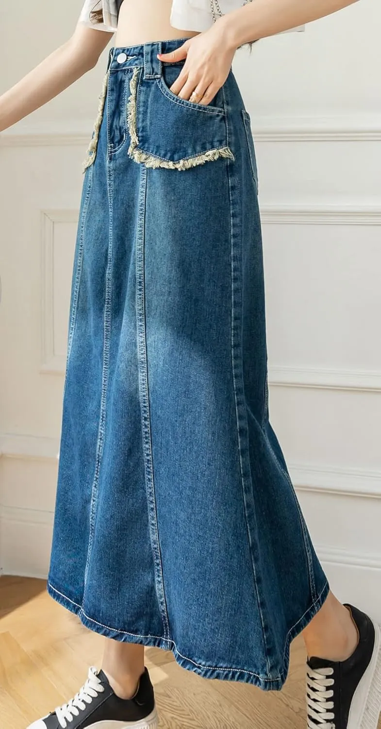 CHARTOU Women's Retro High Waist Long Denim A Line Maxi Skirt with Pockets