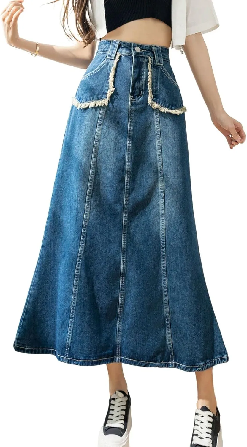 CHARTOU Women's Retro High Waist Long Denim A Line Maxi Skirt with Pockets