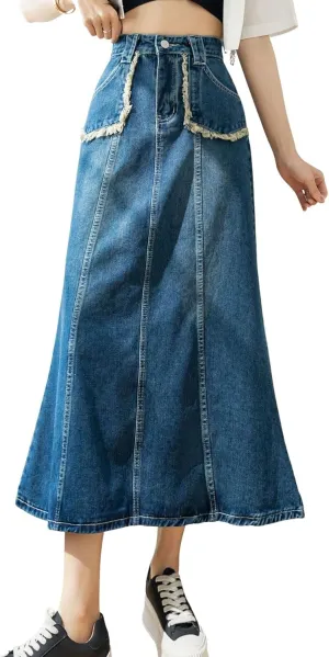 CHARTOU Women's Retro High Waist Long Denim A Line Maxi Skirt with Pockets