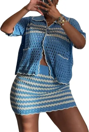 CHARTOU Women's Summer Hollow Out Crochet 2 Piece Outfits Beach Mini Skirt Sets Short Sleeve Tops Outwear