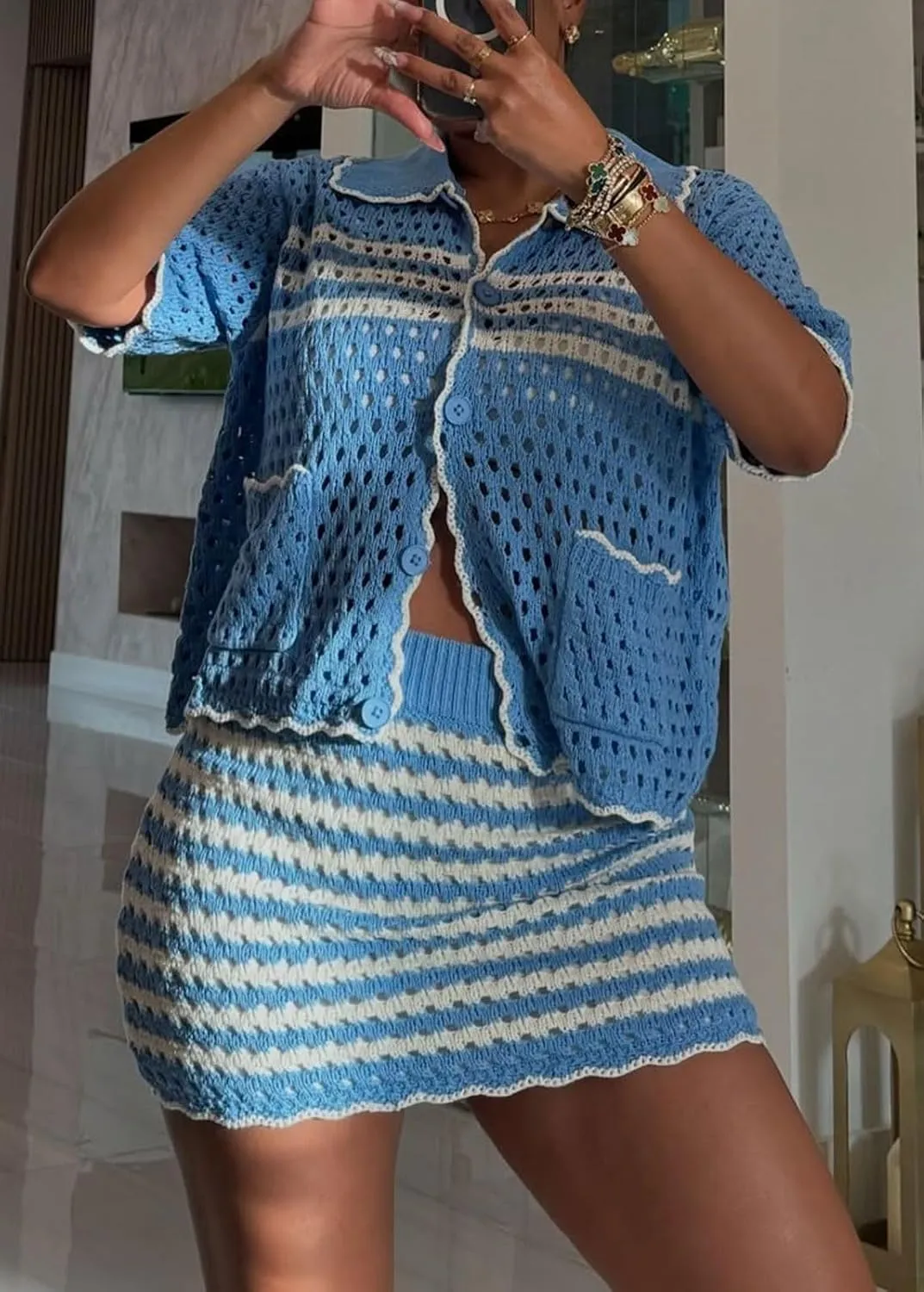 CHARTOU Women's Summer Hollow Out Crochet 2 Piece Outfits Beach Mini Skirt Sets Short Sleeve Tops Outwear