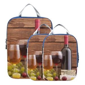 Cheese, Grapes and Wine Bottles Wines on Wooden Table Retro Style 3 Piece set Cubes Expandable Adjustable Luggage Packing Bags, Ultralight Organizer Accessories Travel Suitcase Compressible Bags