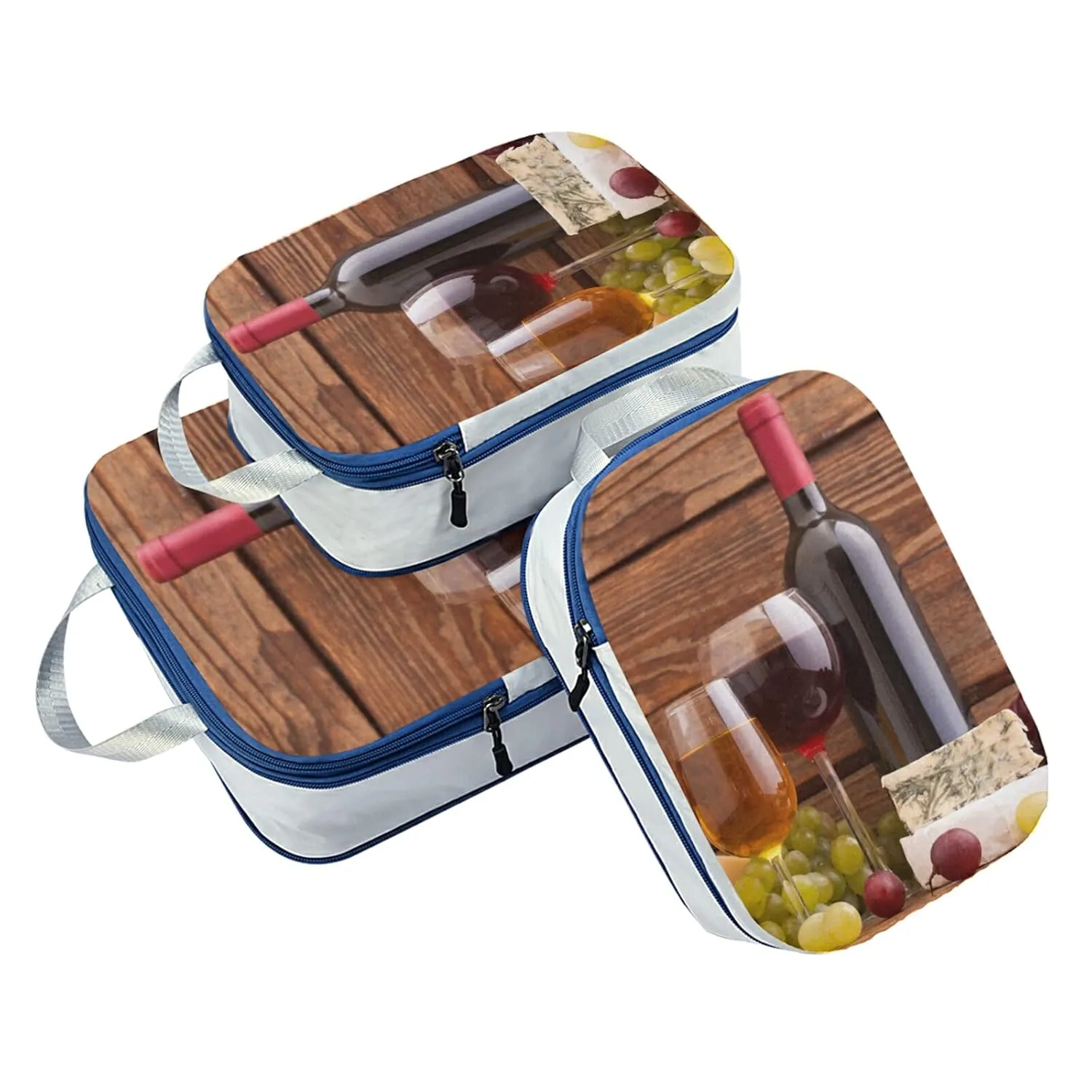 Cheese, Grapes and Wine Bottles Wines on Wooden Table Retro Style 3 Piece set Cubes Expandable Adjustable Luggage Packing Bags, Ultralight Organizer Accessories Travel Suitcase Compressible Bags