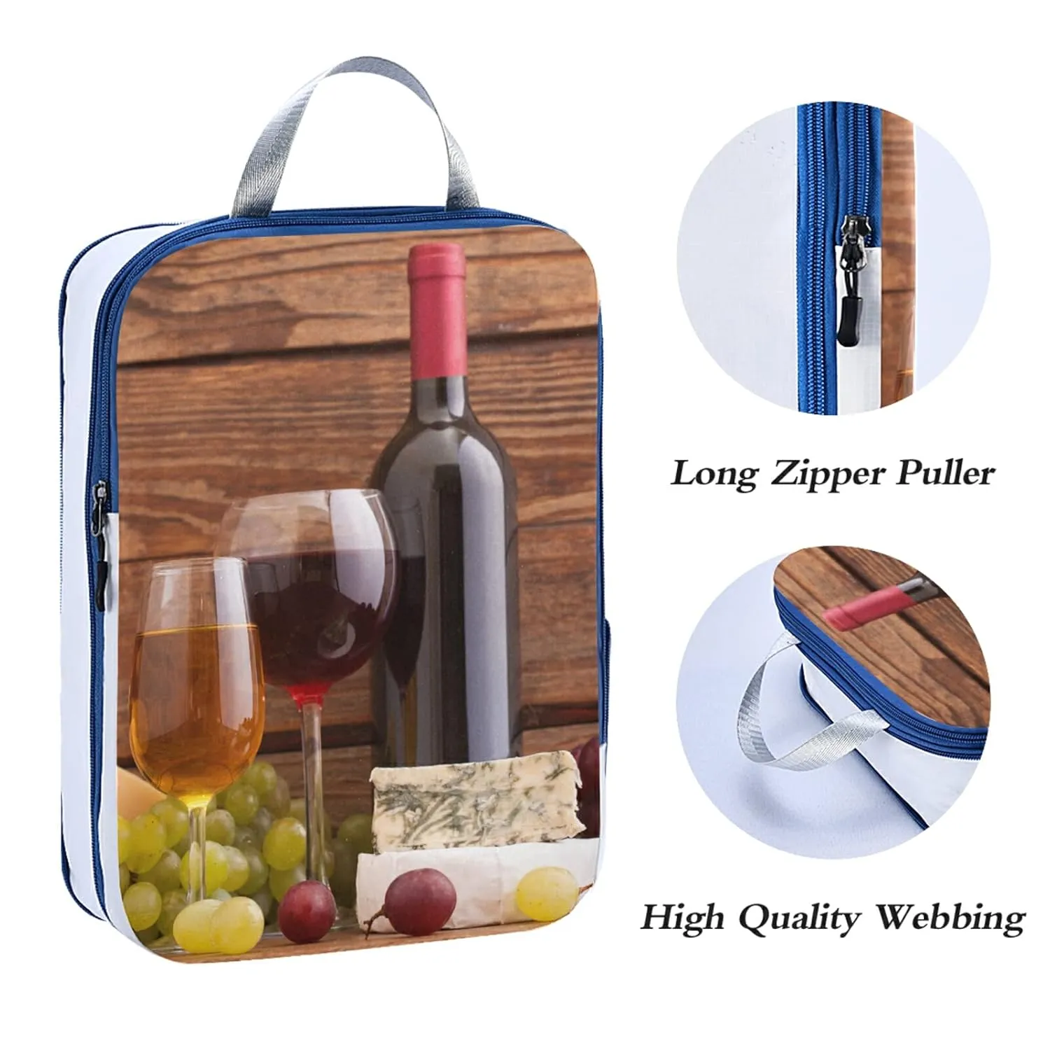 Cheese, Grapes and Wine Bottles Wines on Wooden Table Retro Style 3 Piece set Cubes Expandable Adjustable Luggage Packing Bags, Ultralight Organizer Accessories Travel Suitcase Compressible Bags