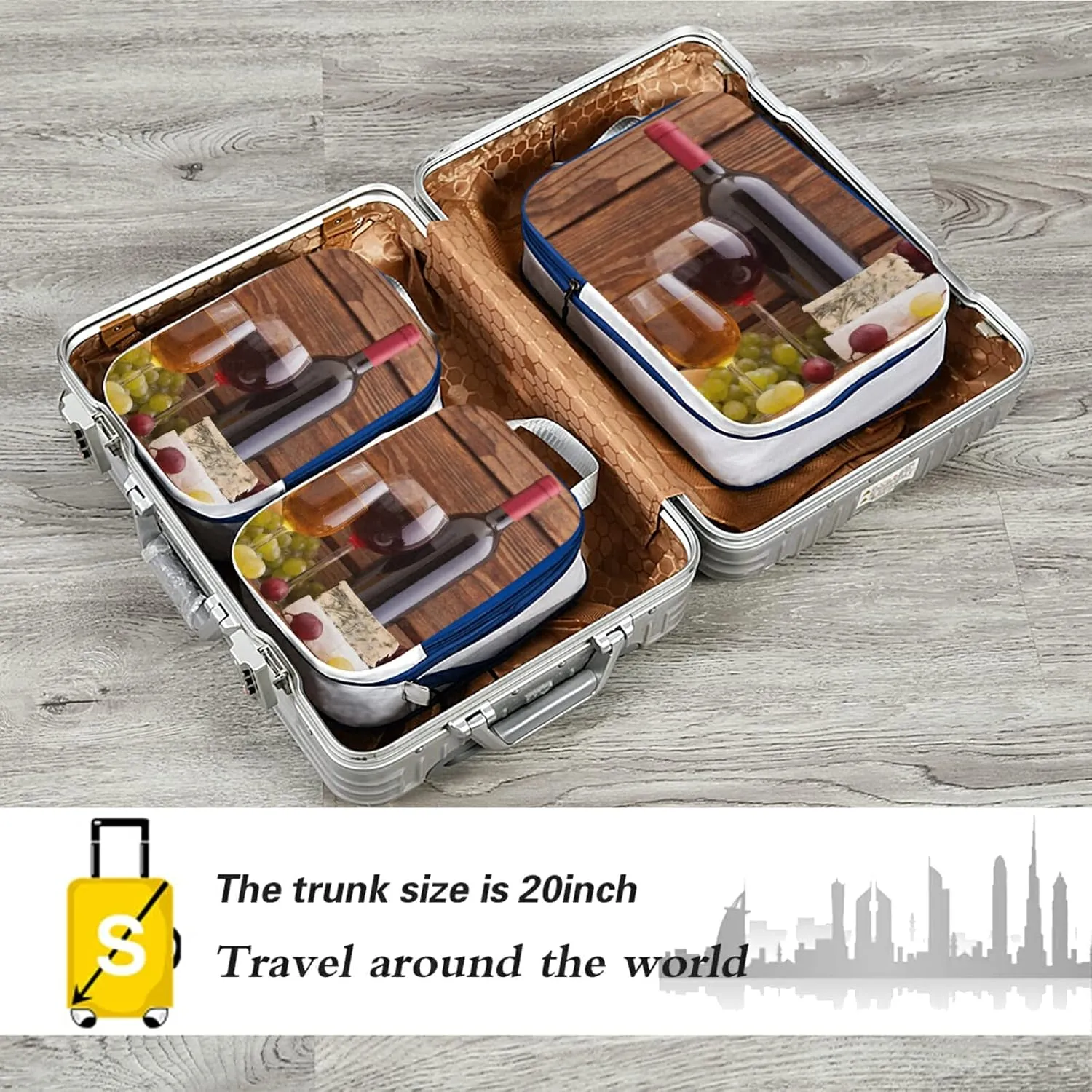 Cheese, Grapes and Wine Bottles Wines on Wooden Table Retro Style 3 Piece set Cubes Expandable Adjustable Luggage Packing Bags, Ultralight Organizer Accessories Travel Suitcase Compressible Bags