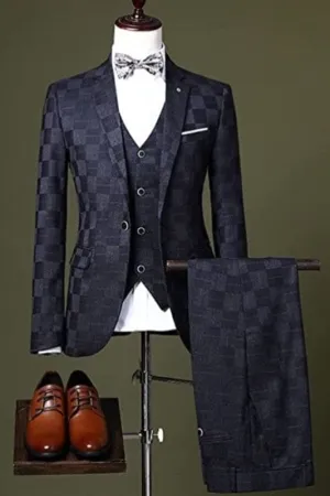 Chic Dark Blue Plaid Three Pieces Business Suits One Button Groomen Suits