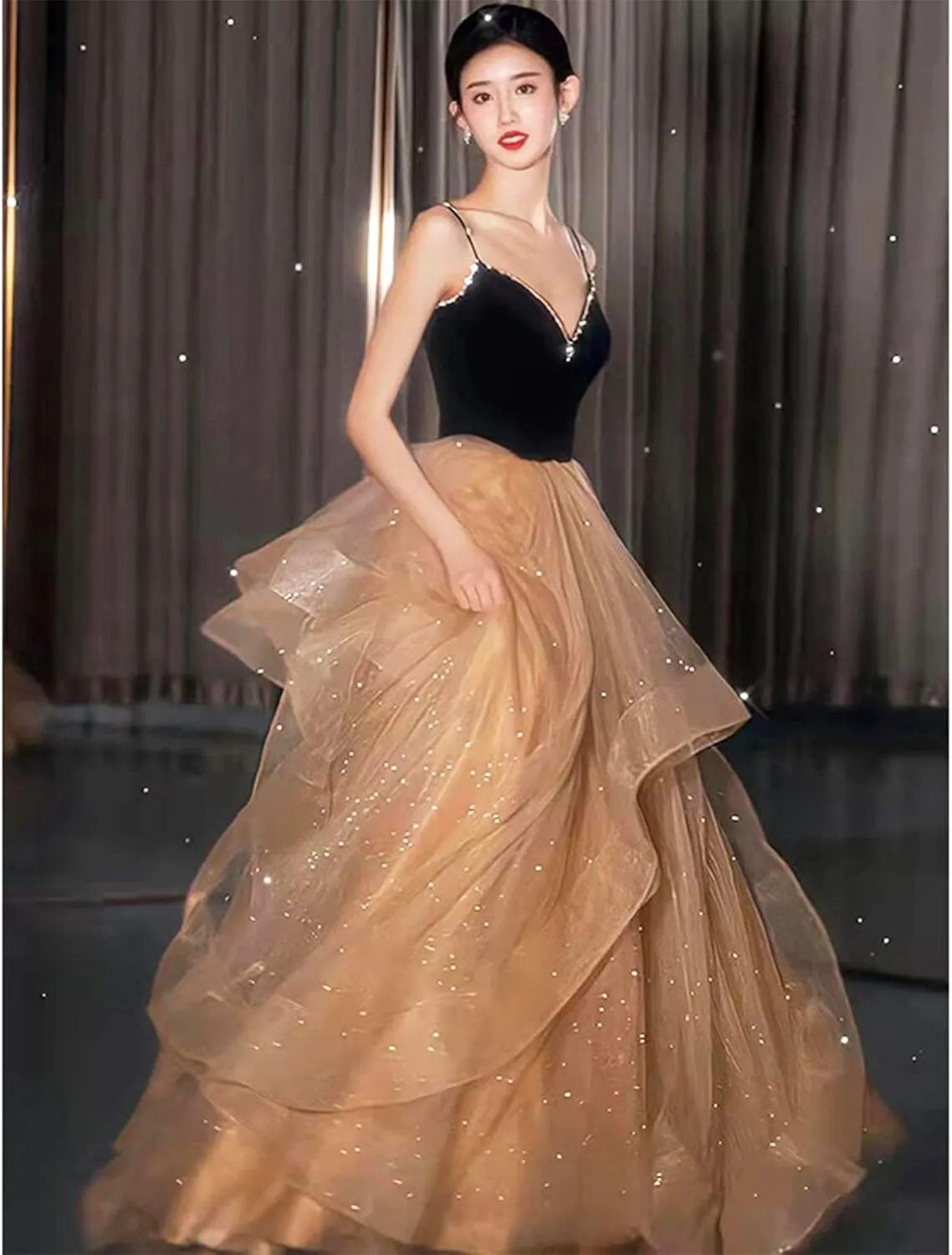 Chiffon Evening Dress Women's Hem Long Sleeve Ball Gown Long Dress Cocktail Party Maxi Dress Sequins Formal Occasion