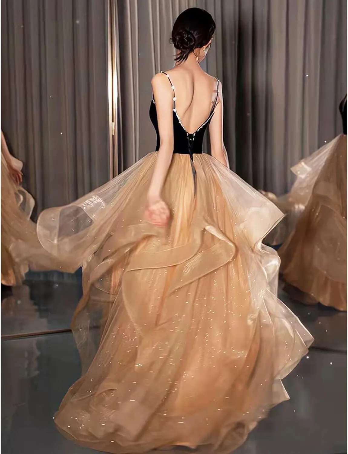 Chiffon Evening Dress Women's Hem Long Sleeve Ball Gown Long Dress Cocktail Party Maxi Dress Sequins Formal Occasion