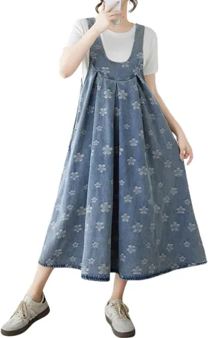 chouyatou Womens Frayed Floral Printed Denim Overall Dress Baggy Sleeveless Midi Tank Dress with Pockets
