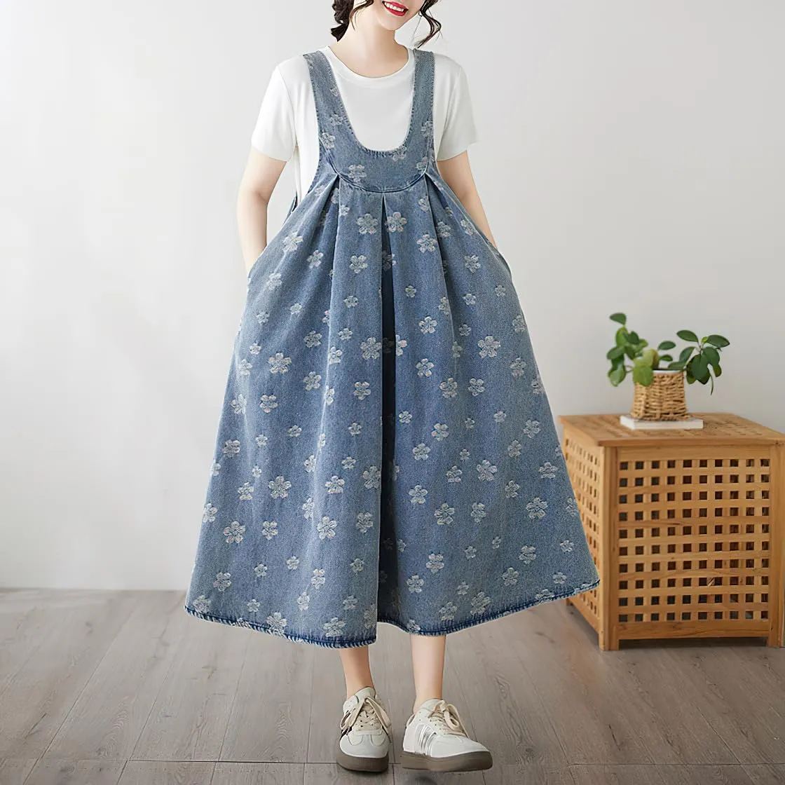 chouyatou Womens Frayed Floral Printed Denim Overall Dress Baggy Sleeveless Midi Tank Dress with Pockets