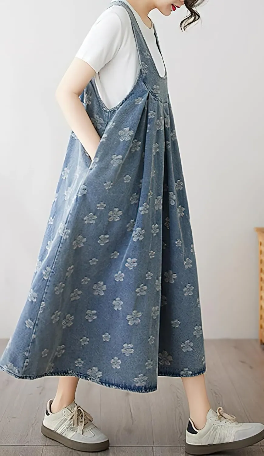 chouyatou Womens Frayed Floral Printed Denim Overall Dress Baggy Sleeveless Midi Tank Dress with Pockets
