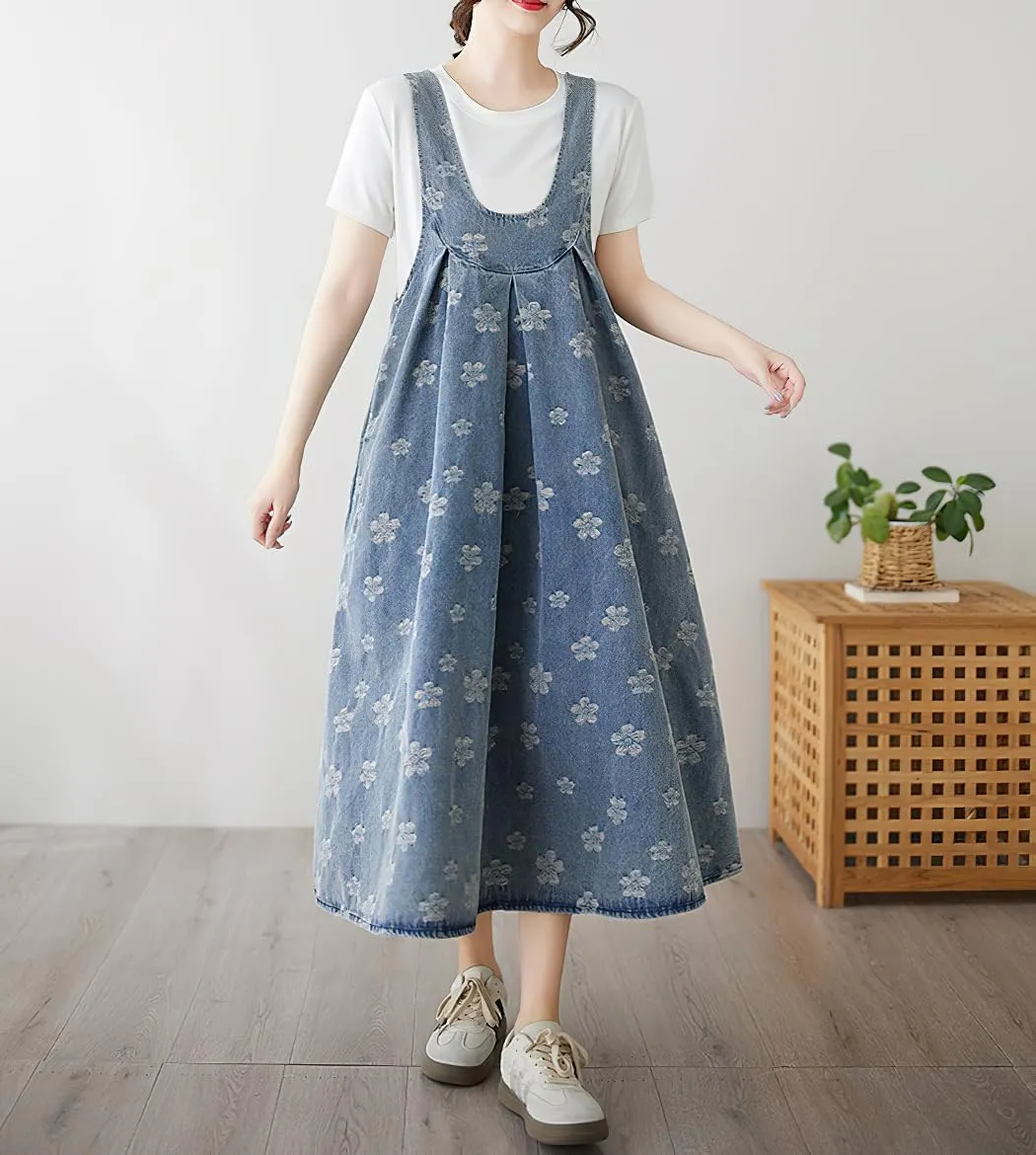 chouyatou Womens Frayed Floral Printed Denim Overall Dress Baggy Sleeveless Midi Tank Dress with Pockets
