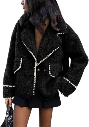chouyatou Women's Winter Casual Embroidered Sherpa Jacket Notch Lapel Fuzzy Faux Fur Fleece Jacket Coat