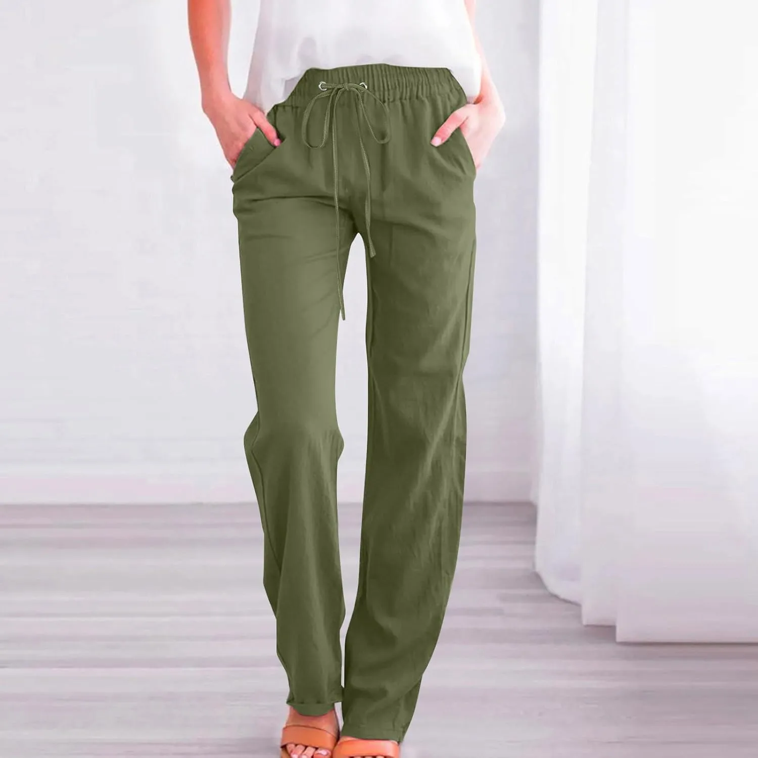 Comfy Women's Linen Pants Palazzo Cotton Linen Pants Wide Leg Loose High Waisted Trousers Summer Linen Slacks