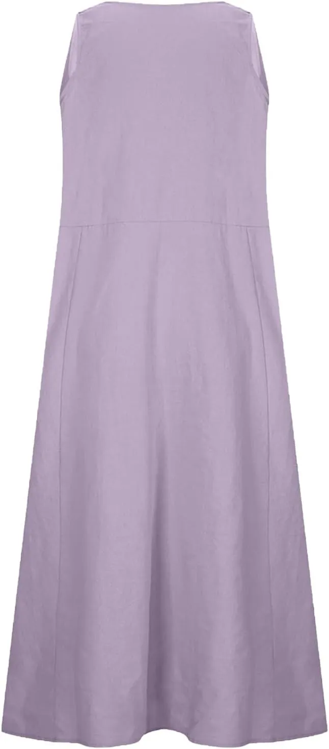 Cotton Linen Dresses for Women 2025 Summer Long Dress Sleeveless Flowy Plus Size Loose Tank Sundress with Pockets