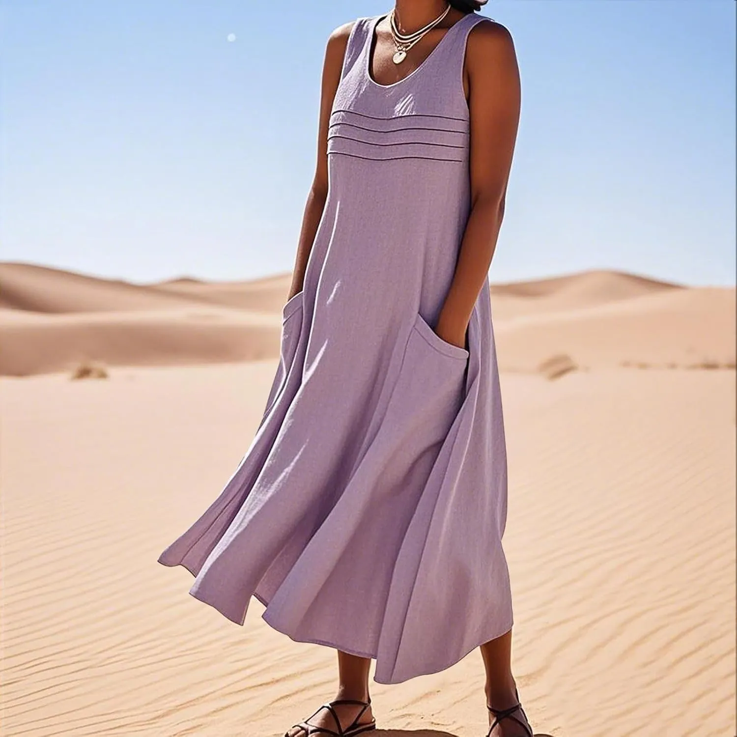 Cotton Linen Dresses for Women 2025 Summer Long Dress Sleeveless Flowy Plus Size Loose Tank Sundress with Pockets
