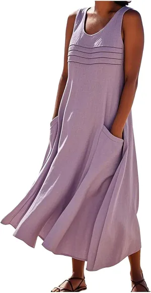 Cotton Linen Dresses for Women 2025 Summer Long Dress Sleeveless Flowy Plus Size Loose Tank Sundress with Pockets