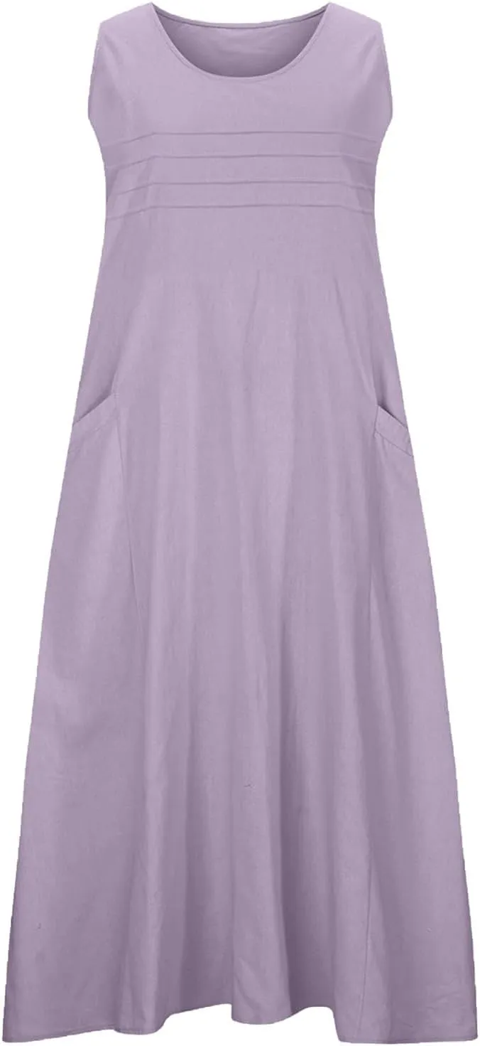 Cotton Linen Dresses for Women 2025 Summer Long Dress Sleeveless Flowy Plus Size Loose Tank Sundress with Pockets