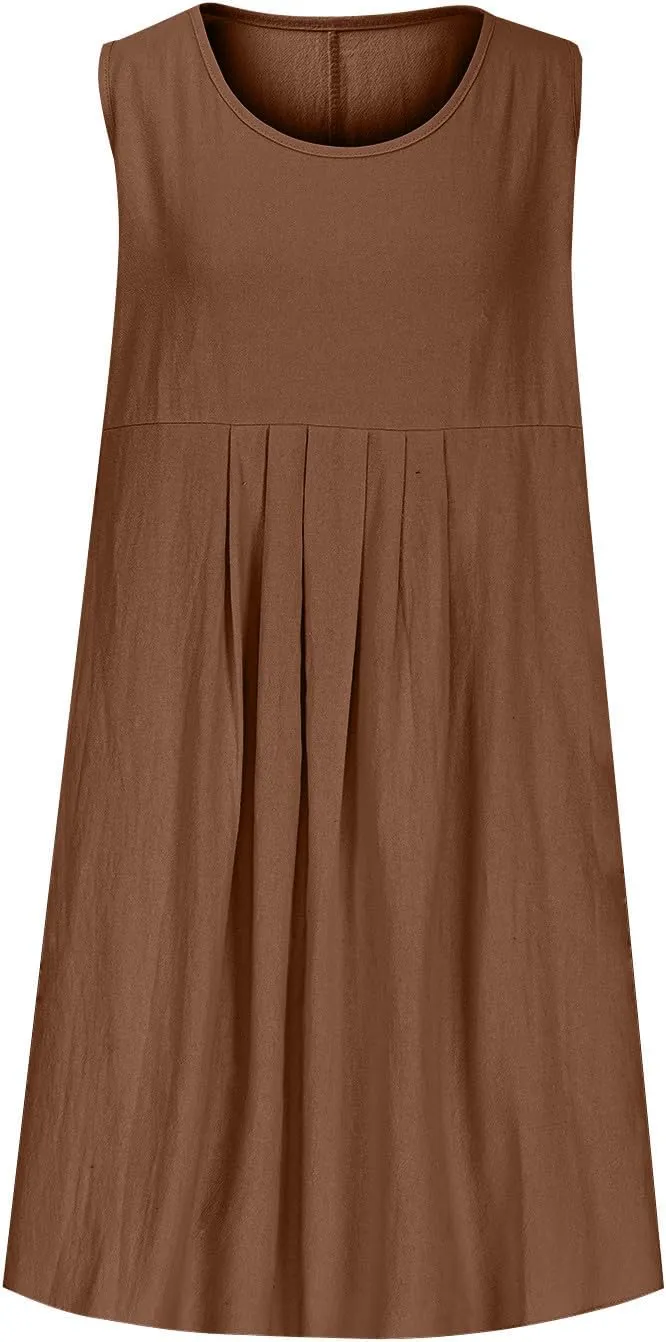 Cotton Linen Midi Dress for Women Summer Casual Loose Fit Vacation Beach Dresses Sleeveless Solid Pleated Dress