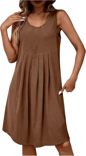 Cotton Linen Midi Dress for Women Summer Casual Loose Fit Vacation Beach Dresses Sleeveless Solid Pleated Dress