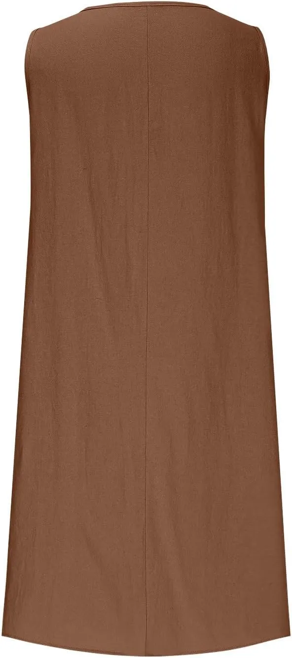 Cotton Linen Midi Dress for Women Summer Casual Loose Fit Vacation Beach Dresses Sleeveless Solid Pleated Dress