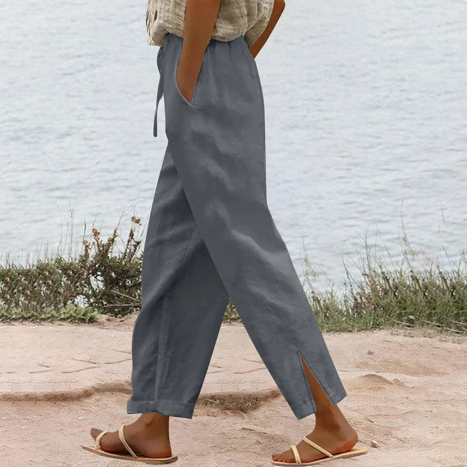 Cotton Linen Pants for Women Summer Beach Lounge with Pockets Loose Fit Casual Elastic Waist Trousers