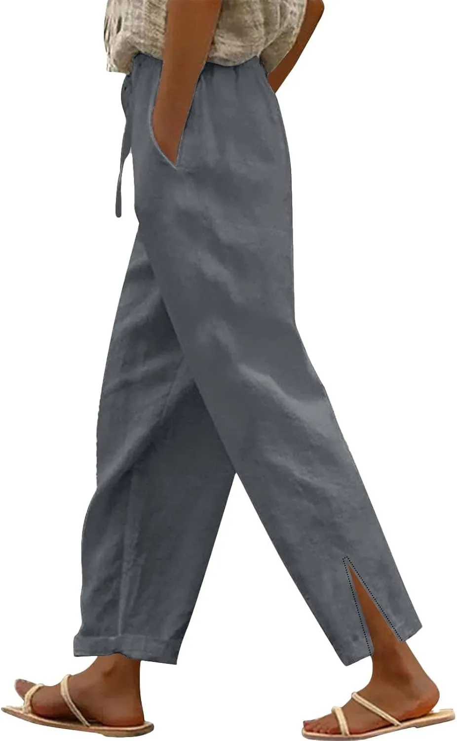 Cotton Linen Pants for Women Summer Beach Lounge with Pockets Loose Fit Casual Elastic Waist Trousers