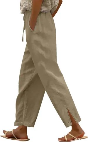 Cotton Linen Pants for Women Summer Beach Lounge with Pockets Loose Fit Casual Elastic Waist Trousers