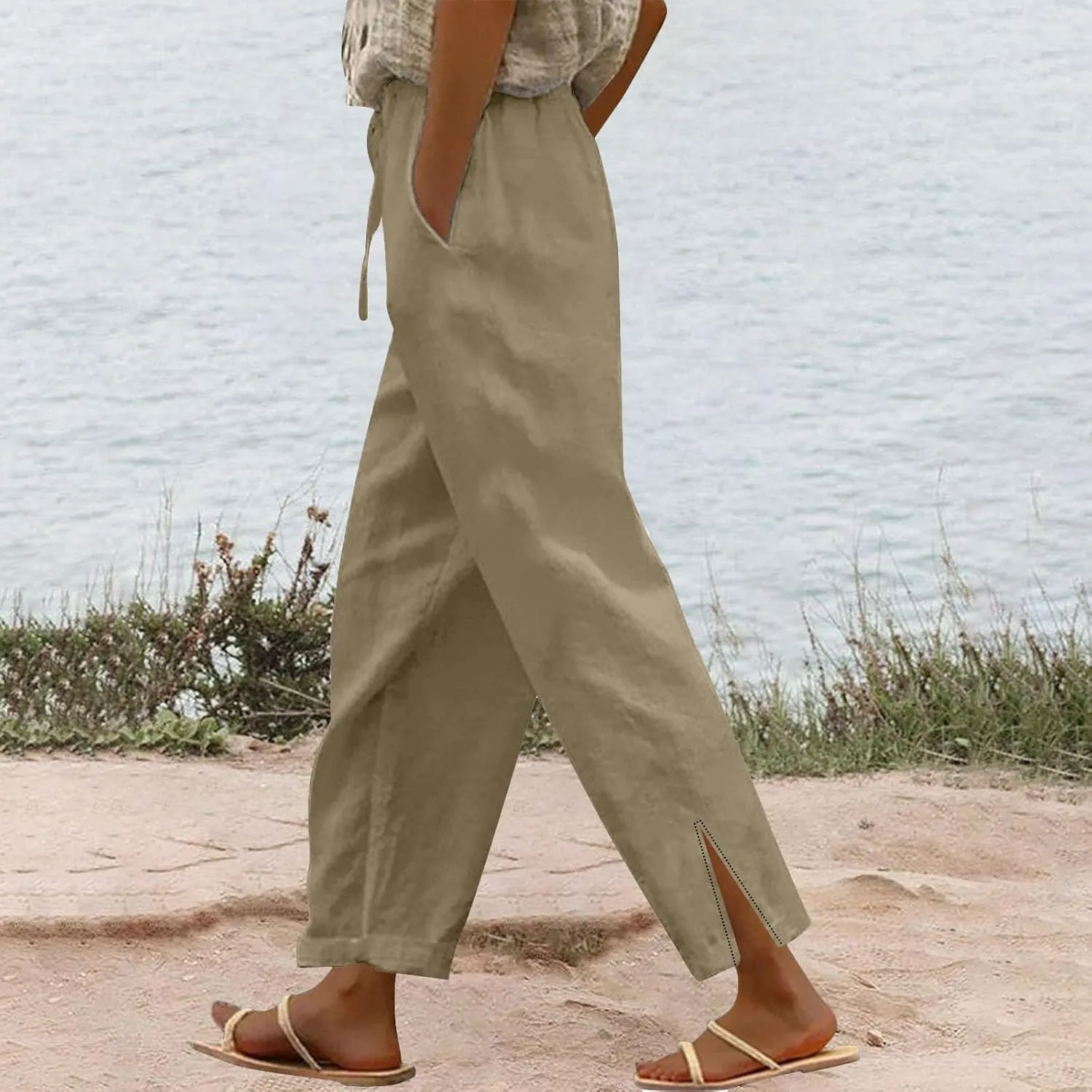 Cotton Linen Pants for Women Summer Beach Lounge with Pockets Loose Fit Casual Elastic Waist Trousers