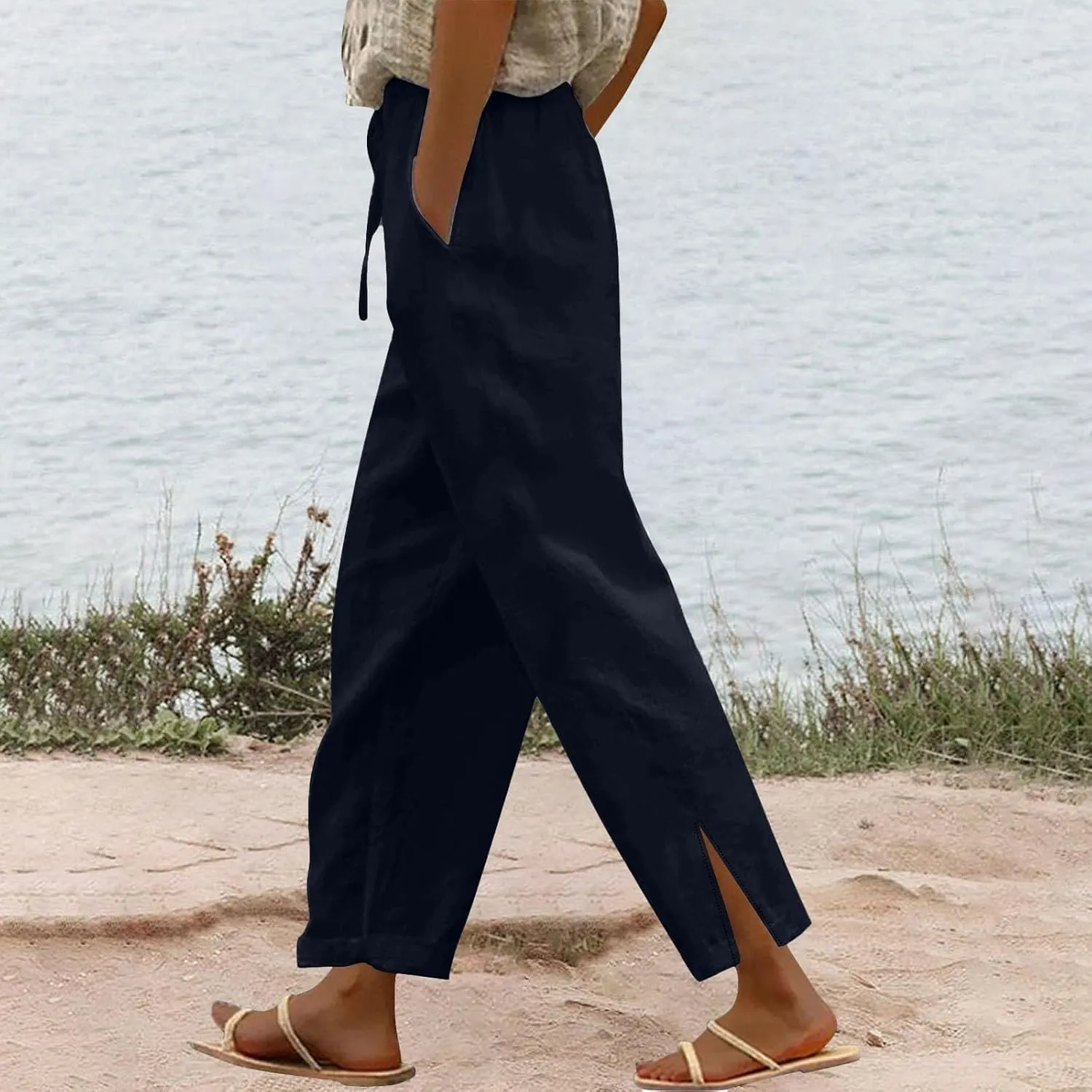 Cotton Linen Pants for Women Summer Beach Lounge with Pockets Loose Fit Casual Elastic Waist Trousers