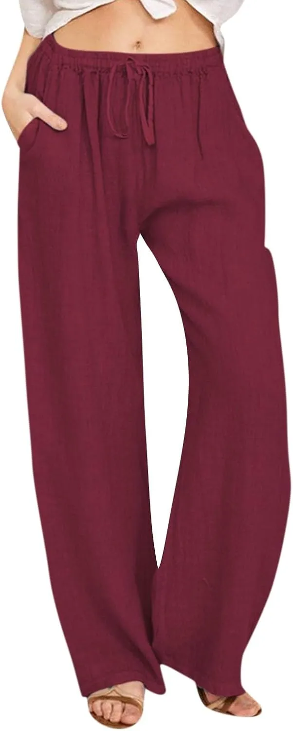 Cotton Linen Pants Women Summer Lightweight Boho Flowy Wide Leg Pants Casual Beach Drawstring Waist Palazzo Pants