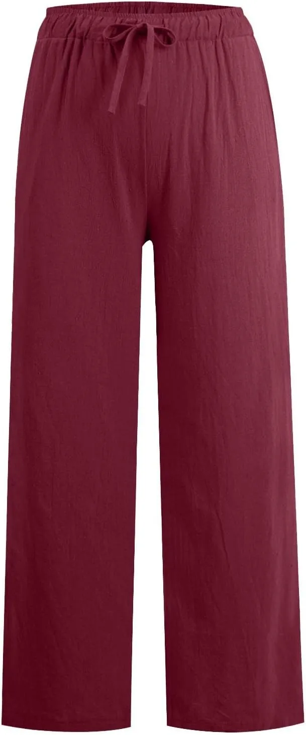 Cotton Linen Pants Women Summer Lightweight Boho Flowy Wide Leg Pants Casual Beach Drawstring Waist Palazzo Pants