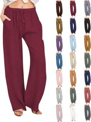 Cotton Linen Pants Women Summer Lightweight Boho Flowy Wide Leg Pants Casual Beach Drawstring Waist Palazzo Pants