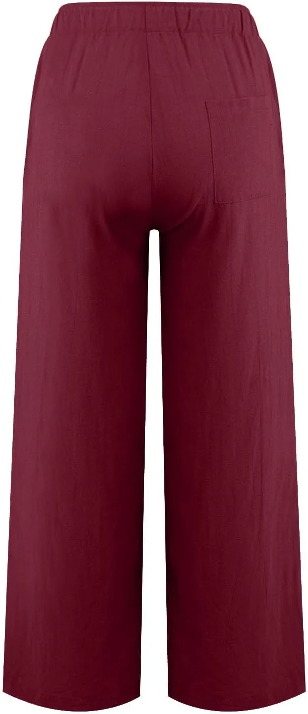 Cotton Linen Pants Women Summer Lightweight Boho Flowy Wide Leg Pants Casual Beach Drawstring Waist Palazzo Pants