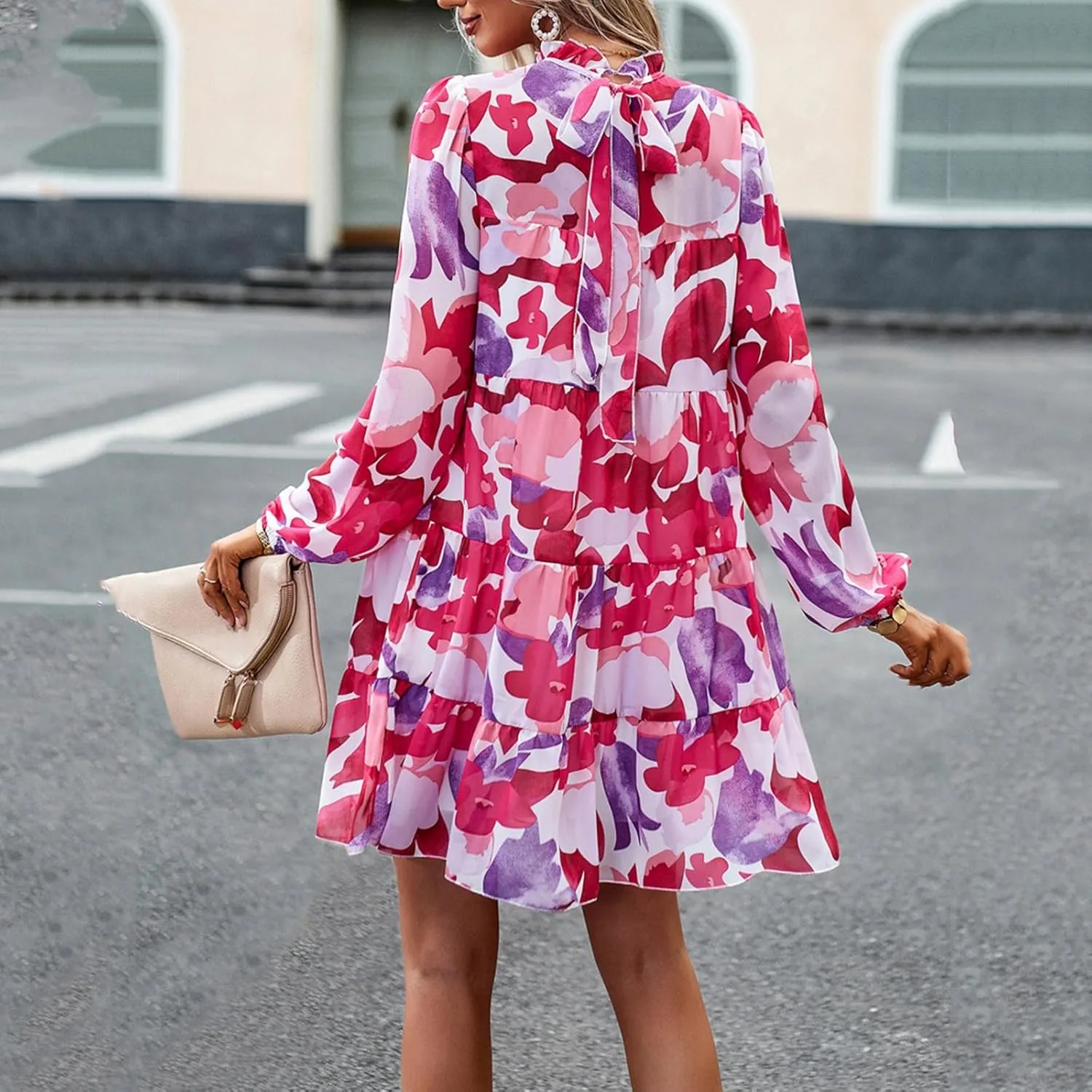 Cute Shift Tunic Dress for Women Ruffle Swing Babydoll Mini Long Sleevee Mini Knee Length Sun Dresses with Pockets