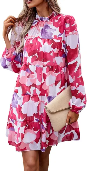 Cute Shift Tunic Dress for Women Ruffle Swing Babydoll Mini Long Sleevee Mini Knee Length Sun Dresses with Pockets